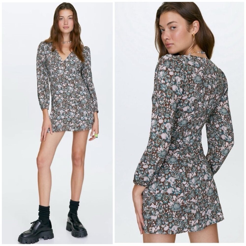 🌟NWT Aritzia Sunday Best Grayson Cognac White Puff Long Sleeve Floral Mini Dress